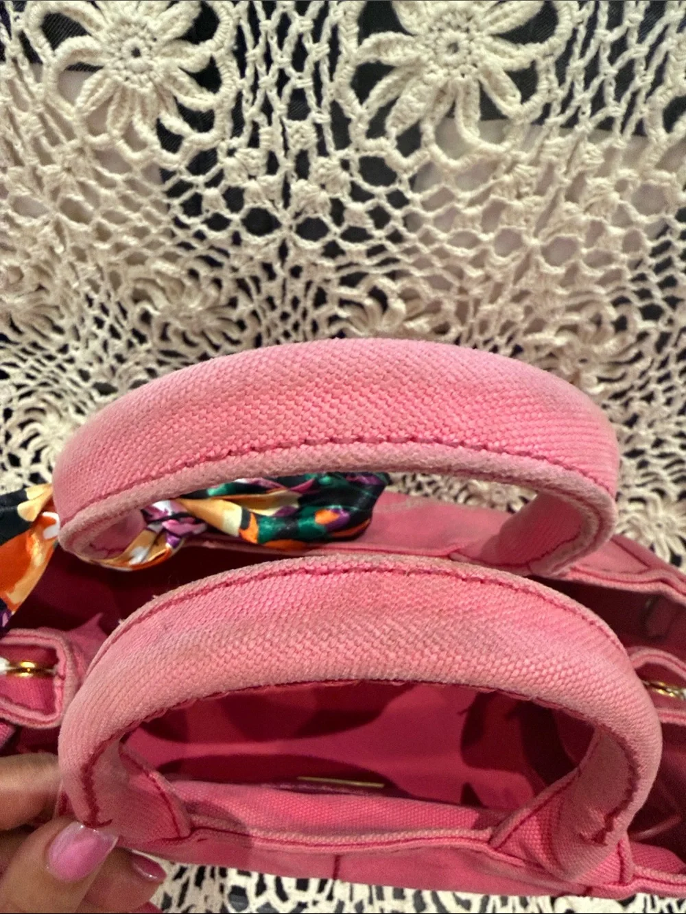 Prada Pink Canapa Canvas Tote with Floral Scarf Accent
